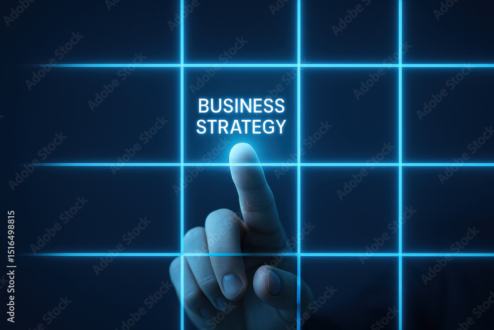 Poster a focused interacts with a digital interface to highlight business strategy emphasizing decision-mak