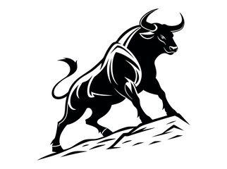bull silhouette standing on a rocky outcrop,  bull in a dynamic pose, suitable for logo design, merchandise, or any project needing a strong visual element, silhouette, animal, power, stock market, ve