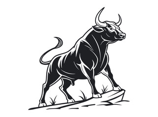 bull silhouette standing on a rocky outcrop,  bull in a dynamic pose, suitable for logo design, merchandise, or any project needing a strong visual element, silhouette, animal, power, stock market, ve