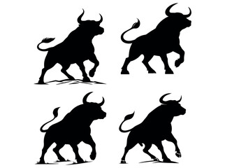 Silhouette Bull Vector, black silhouettes of bulls, each in profile view, against a pure white background, bull, cattle, cow, silhouette, animal, livestock, agriculture, farm, profile view, graphic, v