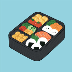 Delicious Japanese food and flat cartoon style set of bento