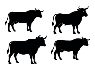 Silhouette Bull Vector, black silhouettes of bulls, each in profile view, against a pure white background, bull, cattle, cow, silhouette, animal, livestock, agriculture, farm, profile view, graphic, v