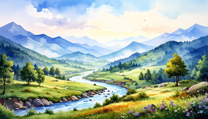 Obraz premium Watercolor painting of mountain valley with blue river. Beautiful natural landscape. Hand drawn art.