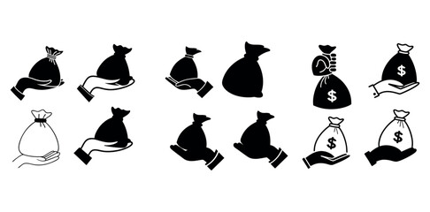 Hand Holding Money Bags in Different Styles, A set of simple black and white illustrations of hands holding money bags, financial, business, investment, wealth, dollar sign, vector, simple, minimalist