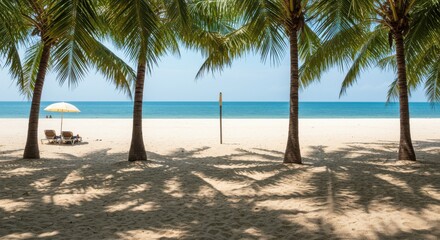 Palm trees line a white sand beach with clear blue ocean and sky in the distance