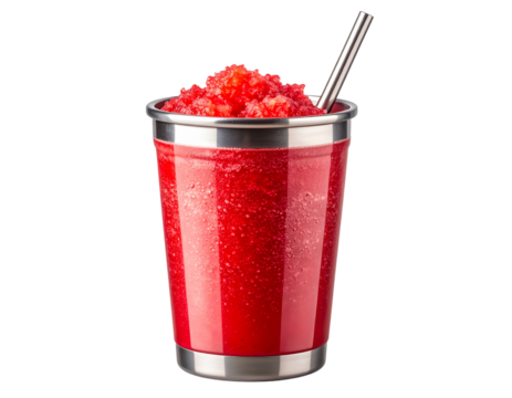 Red Slush Beverage in Reusable Metal Tumbler with Straw, isolated on a transparent background