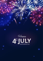 4th of July Independence Day poster. Shining red, blue and green fireworks backgrounds. American flag colors. Dark blue night sky. Happy 4th of July text. Great for social media banners, cards. Vector