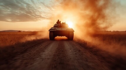 A military tank maneuvers down a dusty road, illuminated by a dramatic sunset, symbolizing strength and resilience in times of conflict and the journey of war.