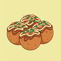 Delicious Japanese food and flat cartoon style of takoyaki