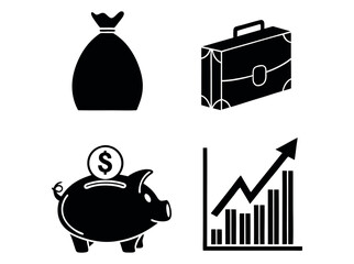 Black and White Financial Icons Set, Savings and financial increase, showing a dollar sign, a piggy bank, and a rising graph, investment, savings, piggy bank, financial, growth, increase, success, mon