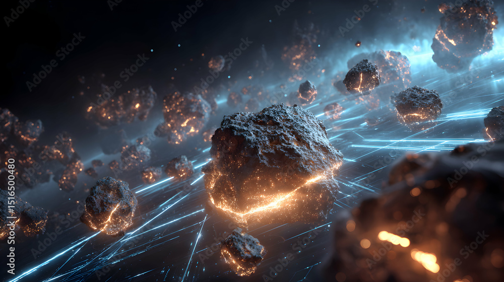 Poster cosmic ballet a dance of light and asteroids navigates across the ethereal canvas of deep space