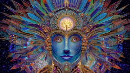 Psychedelic Goddess With Vibrant Colors and Sacred Symbolism in Celestial Setting Generative AI