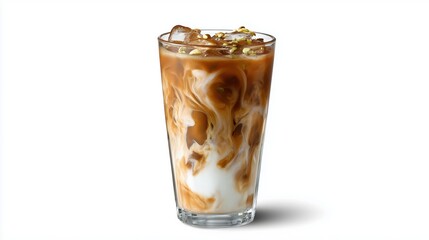 Iced Pistachio Latte With Swirling Colors in Tall Glass Against White Background Generative AI