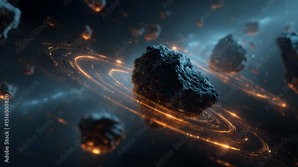 Poster spectacular celestial rings of light encircling rough textured asteroids in deep cosmic space view