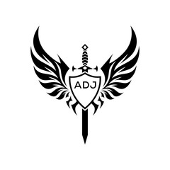 ADZ Black and White Heraldic Emblem with Wings and Sword, ADZ Later Logo, Guardian Angel Sword and Shield Tribal Vector, Winged Sword and Shield Logo Design with Tribal Style. 
ADJ tribal, tattoo, ADJ