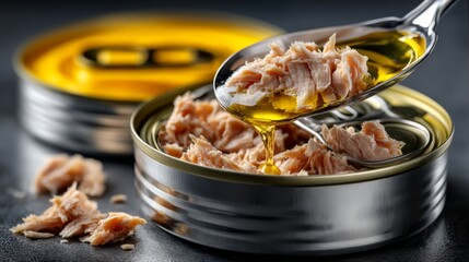 Delicious canned tuna in olive oil kitchen food photography culinary space close-up canfood inspiration