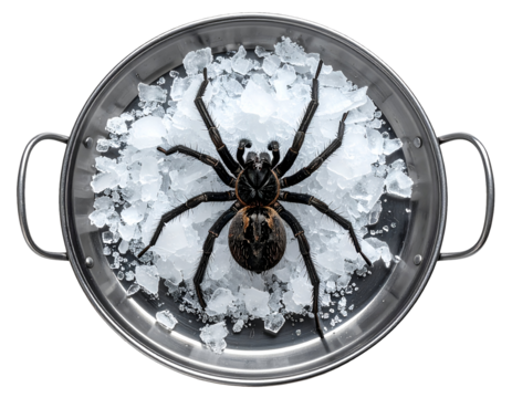 large spider on crushed ice in round stainless steel tray with handles, concept of exotic preservation or dark symbolism, on isolated background
