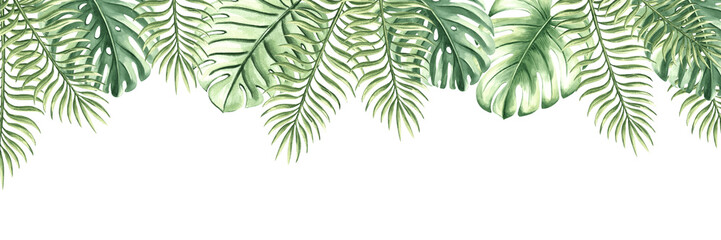 Watercolor baner from tropical leaves isolated illustration. Postcard template with copy space for summer rainforest design. Hand drawn frame of lush foliage jungle. Greenery exotic plants background. © susie_p_art