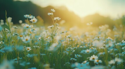 Whispers of summer in a dreamy daisy field bathed in the golden hour glow evoking peace and serenity in a natural