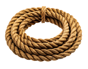 coiled thick brown natural hemp rope with rough texture for climbing or industrial use on isolated background
