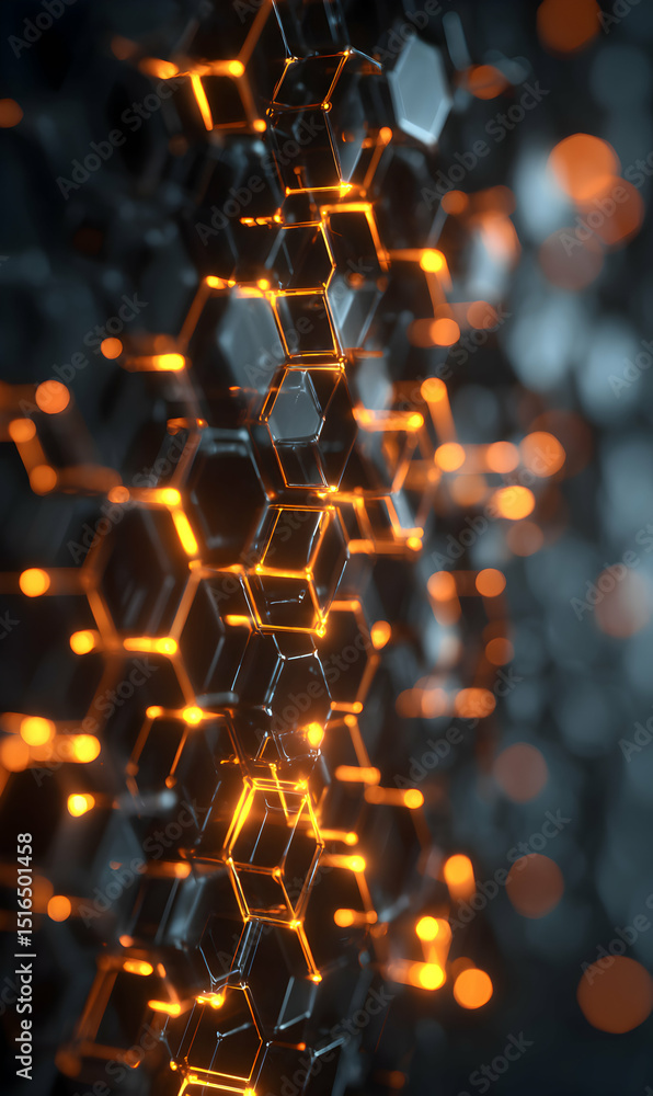 Poster futuristic hexagonal structure shimmering with golden light and complex interconnectedness demonstra
