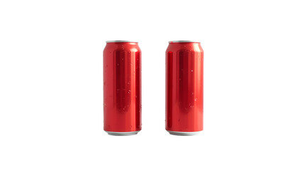 Two red aluminum soda cans glistening with condensation placed side by side on a white background in a minimalistic setting