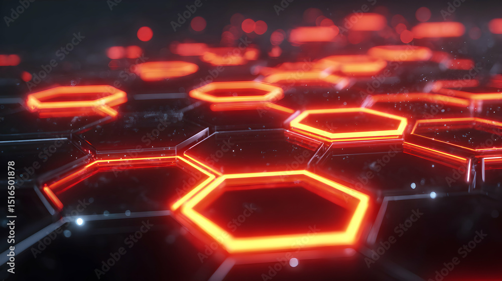 Poster abstract glowing red hexagonal pattern on a dark background representing technology or connections