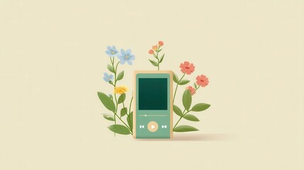 Music Player Surrounded by Colorful Wildflowers in Soft Background