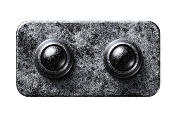 Rectangular metal plate with two round, dark buttons.  Textured, aged surface