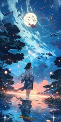 Anime illustration of a young girl in traditional Japanese kimono gazing at the moon in a serene lake, tranquil nature landscape.
