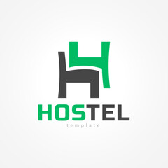 Hostel Logo Vector Template Emblem. Silhouette Letter H and Two Chairs