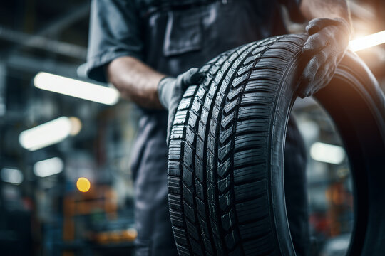 Close-up photo of a car mechanic wearing a dark uniform and protective gloves, holding a car tire upright at a well-lit auto repair garage, focus on the tire tread and mechanic's hands. 