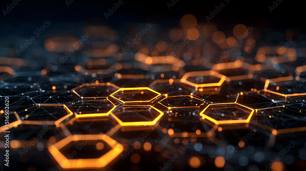 Poster illuminated hexagonal pattern with interconnected network symbolizing technology and innovation