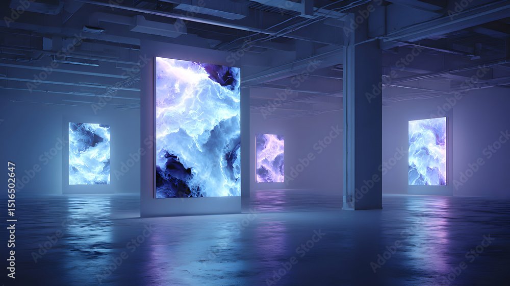 Poster abstract clouds glow within a modern minimalist art gallery space creating a surreal atmosphere