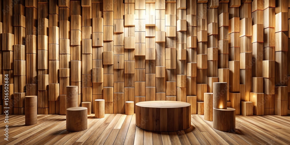 Poster illuminated wooden cylinders and cubes form a striking display