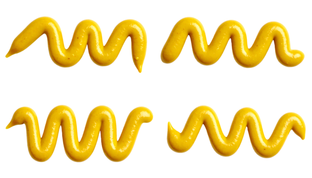set of four yellow mustard zigzag lines in different patterns, glossy wavy condiment squiggles on isolated background
