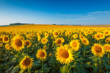  Expansive field filled with blooming sunflowers under a vibrant blue sky on a sunny summer day in the countryside