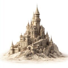 Massive sandcastle, meticulously detailed,  evokes grand medieval fortress