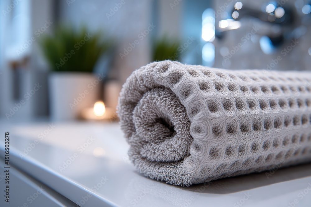 Aufkleber a neatly rolled beige towel with a waffle weave pattern sits on a pristine white bathroom countertop