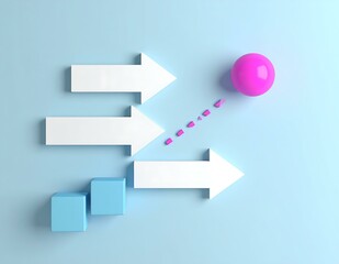 Abstract 3D Arrows, Cubes, Sphere, Path, Blue Background, Pink