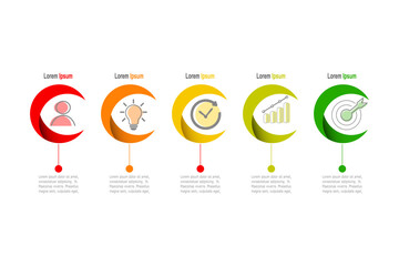 For business concept with 5 steps infographics, white circle shape and multicolor label ,design for workflow layout, diagram, annual report, web design. vector