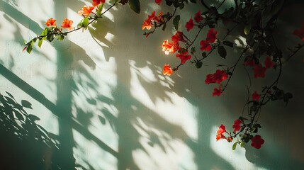 Orange blossoms cascade down a sunlit wall shadows playfully dancing in the breeze a peaceful summer afternoon moment on
