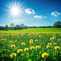 A vibrant meadow bursting with dandelions under a summer sky an idyllic scene evoking joy and freedom with bright