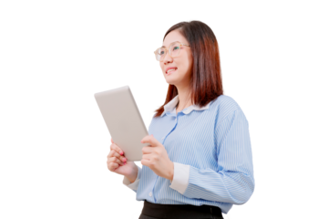 Asian young beautiful woman in glasses and a striped shirt is holding a tablet and smiling.