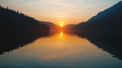 A tranquil sunset over a serene lake mirroring the sky surrounded by silhouetted mountains with long water reflections