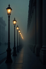 foggy night city street with glowing lampposts