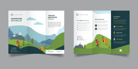 Flat Adventure Trifold Brochure with Hiking & Nature Elements.