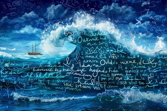 Quantum ink ocean with floating conceptual islands and self-writing equations over stormy computational waves symbolizing data conflict