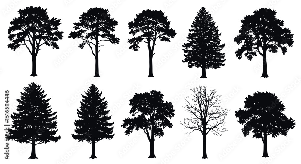 Aufkleber silhouettes of diverse tree species displaying varied shapes and structures