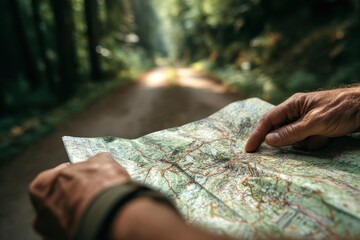 Close up of a person holding a topographical map in a forest, planning a route for a hike, wearing a watch, exploring the outdoors and enjoying nature trails.